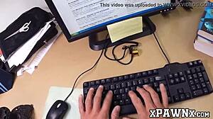 Pretty babe with glasses fucks a broker in the office