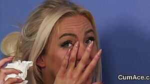 Hot looker gets sperm shot on her face sucking all the love juice