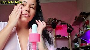 Curvy Latina in Lingerie Shows Off Small Waist in Morning Skincare Solo