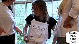 Brunette femdom babes in threesome jerk cock with dirty talk in CFNM