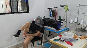 indian seamstress gets naughty in her workshop, masturbating solo