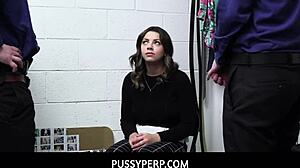 Brunette Teen Punished at Work, Strips and Fucks Burglar in Back Office