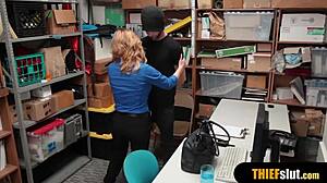 Watch this hot blonde milf security guard fucking the thief guy roughly with big tits