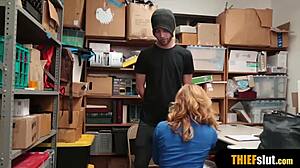 Watch this hot blonde milf security guard fucking the thief guy roughly with big tits