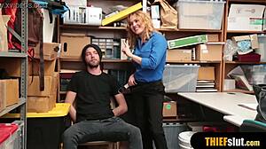 Watch this hot blonde milf security guard fucking the thief guy roughly with big tits