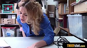 Watch this hot blonde milf security guard fucking the thief guy roughly with big tits