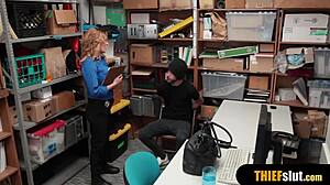 Watch this hot blonde milf security guard fucking the thief guy roughly with big tits