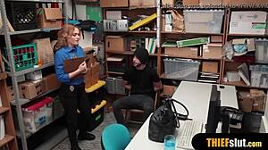 Watch this hot blonde milf security guard fucking the thief guy roughly with big tits