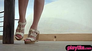 I'm watching this petite Czech milf strip out of her blue lingerie, showing her big ass outdoor.