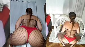 bbw slut teases in bodysuit with huge dildo