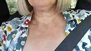 Housewife flashes tits in car selfie