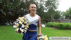 busty cheerleader flashing her boobs outdoors, wanna see more?