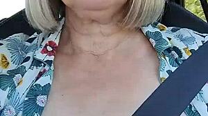Housewife flashes tits in car selfie