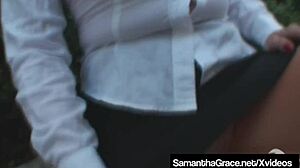 Sexy Samantha Grace teases pussy with Cuban stockings in hot solo.