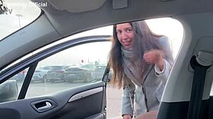 Squirter goes wild in a rented car during public outing.