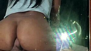 I watch in the mirror as the ebony slut rides my cock anal style, her big ass bouncing rough