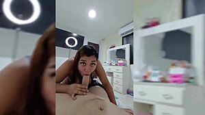 Pregnant Colombian Keilimar bent over in red panties for doggystyle and blowjob
