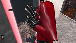 Shemale dominates girl through gloryhole in wild Second Life scene