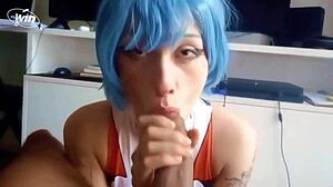 Rei Ayanami in sexy bodysuit makes love and gives blowjob