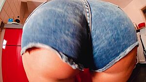 Dare to bare short jeans hot pants, revealing curvy ass in thong and panties 😏