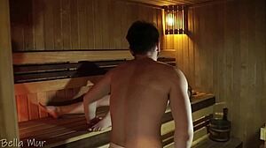 Curvy hottie with small tits fucks stranger in public sauna for cum blowjob