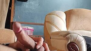 Masturbating My Cock in the Living Room with Latina Panties Nearby