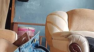 Masturbating My Cock in the Living Room with Latina Panties Nearby