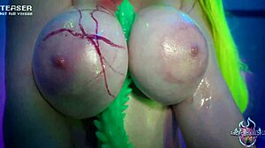 Redhead rave girl fingers her shaved pussy in cosplay shower