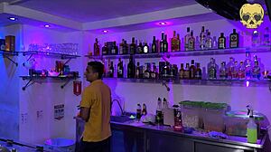 Bartender fucks curvy whore with pierced nipples bareback