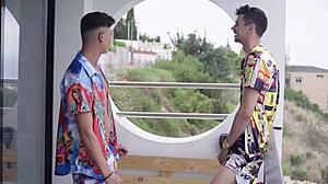 Intimate foursome gathering on the balcony