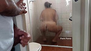 my latina brunette stepmother with big ass showers openly for spying