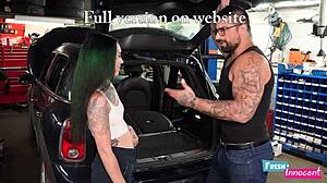 fresh and innocent teen babe visits mechanic for car repair