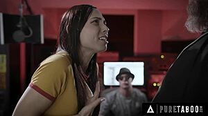 Naive Aidra Fox obeys Abigail Mac and dominant producer in rough ffm fucking, riding, and missionary drilling.