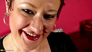 short haired mature woman toys herself alone