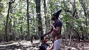 southern babe gags deep on cock while licking wet black ass outdoors