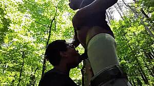 southern babe gags deep on cock while licking wet black ass outdoors