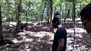 southern babe gags deep on cock while licking wet black ass outdoors