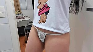 Damn, her thong barely covers, all sticky with cum, wanna give that pussy, girl rubbing her clit, shaking in that dental floss!