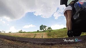 Short skirt no panties flashing outdoors in the car