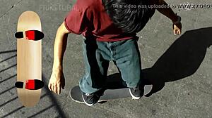 Young amateur rides toy bent over in outdoor close-up POV