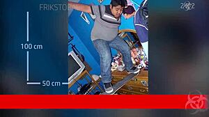 Young amateur rides toy bent over in outdoor close-up POV