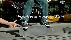 Young amateur rides toy bent over in outdoor close-up POV