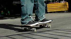 Young amateur rides toy bent over in outdoor close-up POV