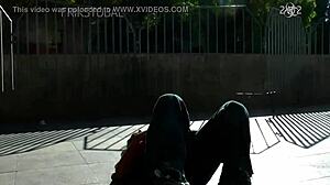 Young amateur rides toy bent over in outdoor close-up POV