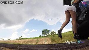 Short skirt no panties flashing outdoors in the car