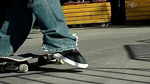 Young amateur rides toy bent over in outdoor close-up POV