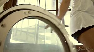 radiant teen blonde showers after interview