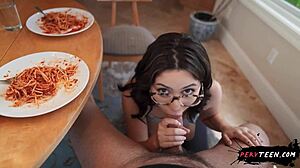 i bent over the busty teen, she deepthroated my cock