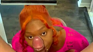 Pretty amateur licks big black cock on stairs