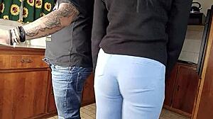 amateur quickie kitchen fuck with wet shaved pussy